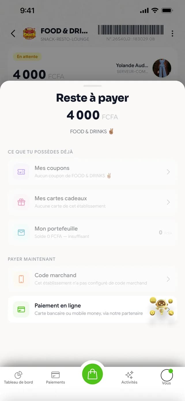 Payment: coupon, gift card, wallet, online
