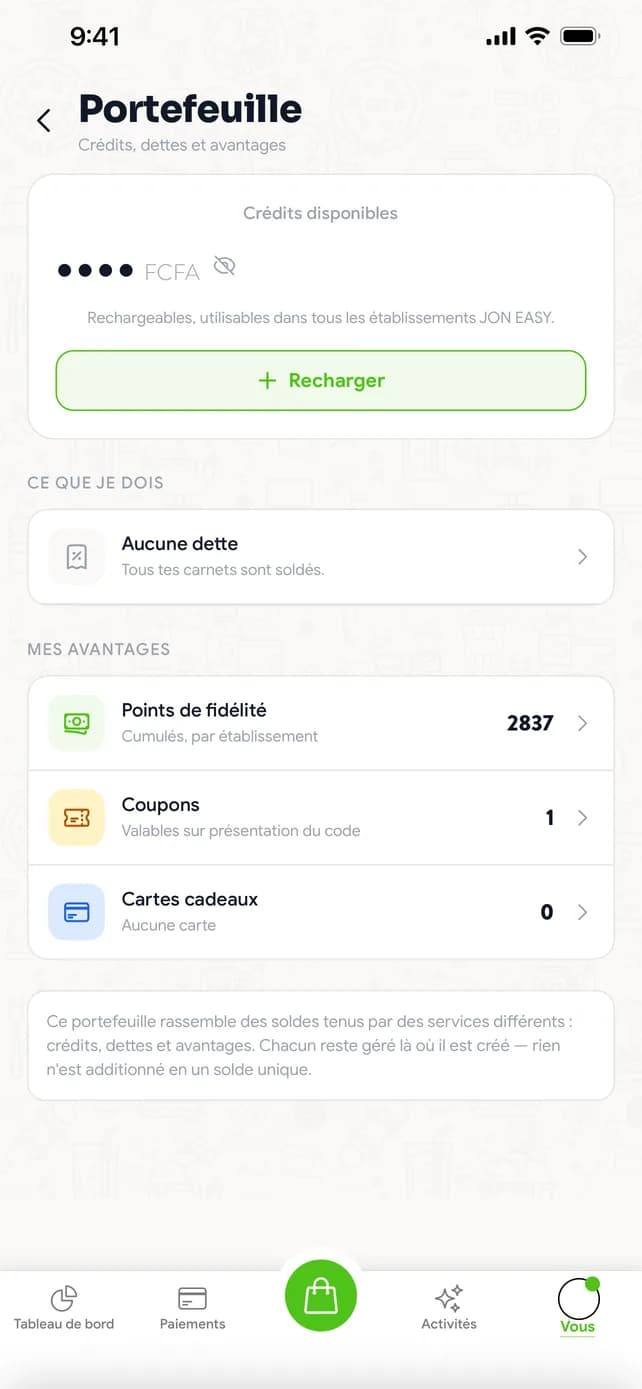 Wallet: credits, points, coupons, gift cards