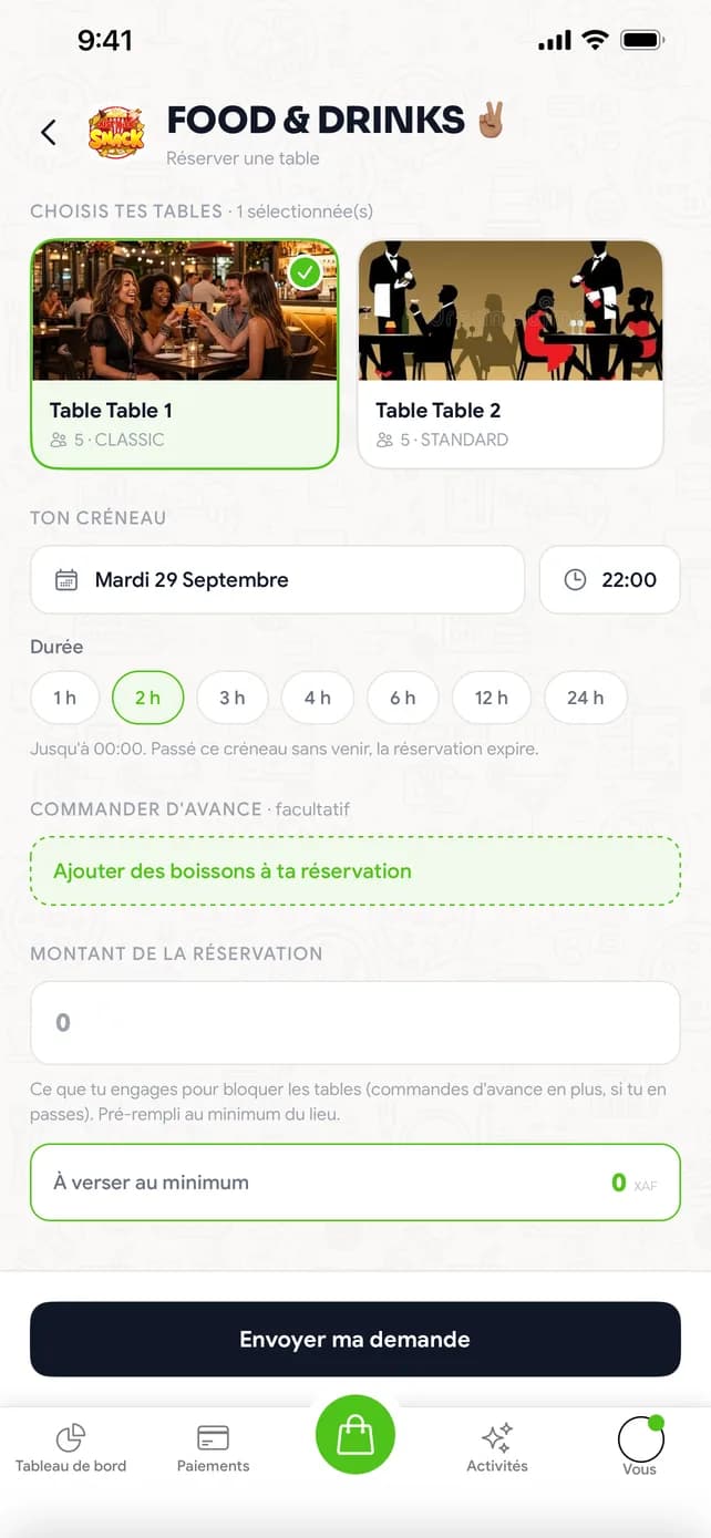 Booking: choosing the table, the day and the duration